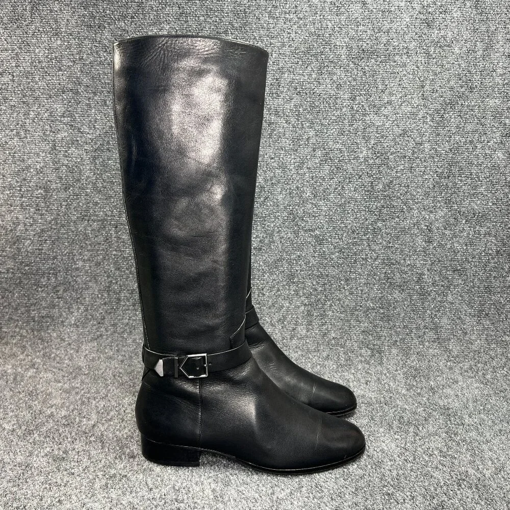 Via Spiga Tall Riding Boots Women's Size 7.5 Black Leather Buckle Knee High Boot